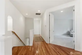 Hall off the living room facing the library and guest room.