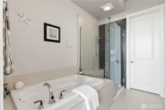 Relax in the large soaking jetted tub or your beautiful frameless tiled shower.