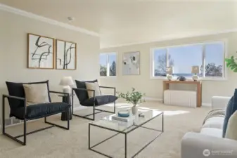 Living room with a view of Puget Sound