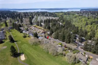 Aerial view showing close proximity to the Puget Sound. The wooded area is where the lovely Chambers Creek Canyon trail is.