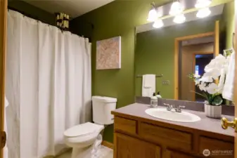 Full guest bath with original wood cabinetry and a new, low-water flush toilet.