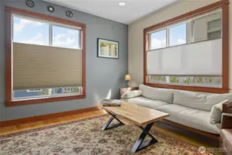 This is the southeast corner of the living room with tons of natural light!
