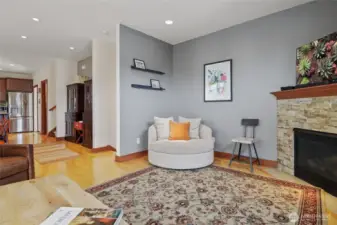 This shows the other corner of the living room and into the dining room with room for a huge hutch (or two medium ones)!