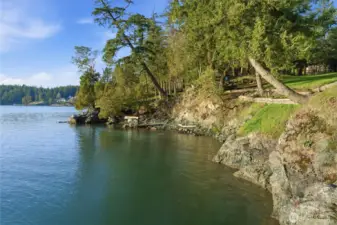 North Cove with natural rocky shoreline and a quiet sitting area tucked among the Madrona trees