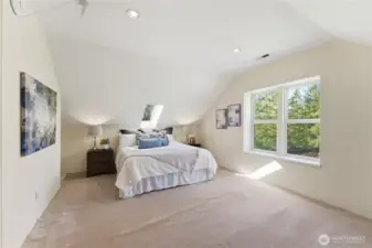 The north unfinished bedroom includes electrical, central vacuum, two skylights with electric shades, a large double-hung window, and plumbing roughed-in for a bathroom