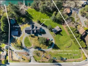 Approximate property lines shown for reference, highlighting 387 feet of low- and medium-bank waterfront