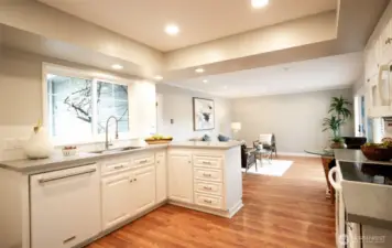 Modern kitchen features new quartz countertops and loads of storage