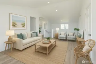 Upper unit back family room. Virtually staged.