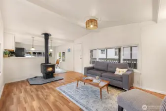 Living room with wood burning stove