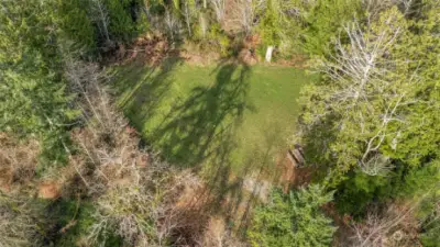 This aerial view shows you the surrounding trees. Towards the top and the right and towards the driveway you can make more room by removing trees. Wetlands are on the left here (and they have been delineated).