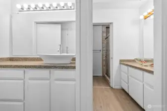 Primary suite bathroom with two sinks