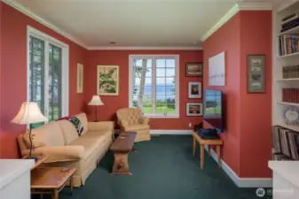 Separate den for reading, music or television.  Lots of built-in bookcases & cabinets.