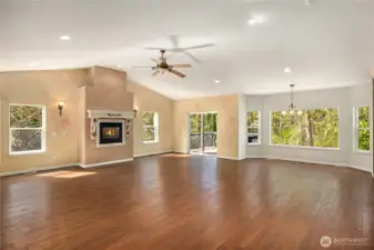 The great room opens out onto one of 3 decks.