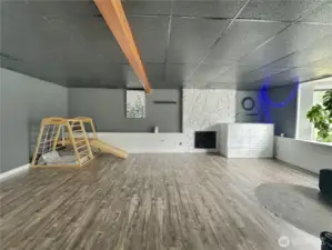 Big Bonus room downstairs with fireplace.