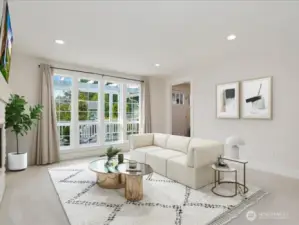 Front flex room with gas fireplace, perfect for formal living, dining, or library.