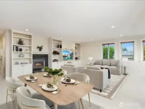 Built in shelving and gas fireplace for cozy nights.