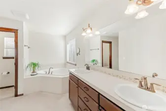 The primary en-suite bathroom features a dual vanity, large soaking tub and a separate water closet for added privacy and convenience.