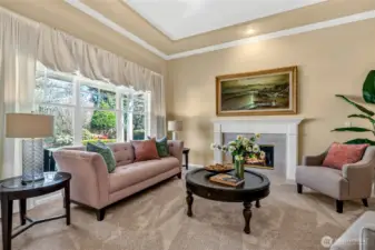Formal living room with gas fireplace.