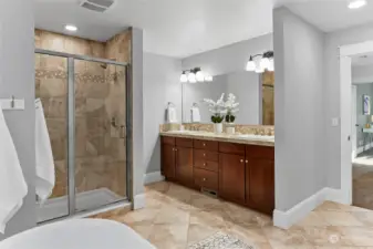 ...and large vanity with granite countertops and two sinks