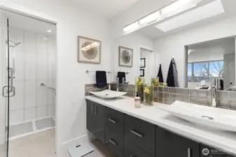 Double sink vanity and plenty of room.