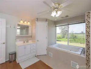 Toilet closet, separate vanities.