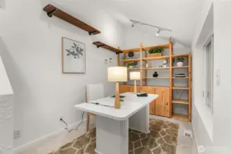 Office space with view of back yard.