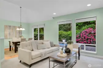 Family room off the kitchen-breakfast area, with adjustable lighting. Two picture windows with opening windows and window screens below, two-inch blinds. Sliding glass door with two-inch blinds, and screen door that opens to large aggregate patio and bordered by pavers. Very private, fully-fenced Arboretum-style backyard, with wonderful water feature.
