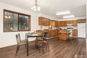 As the floor plan turns it flows easily into the large kitchen with great overhead task lighting.  The huge "canning" room, or mud/room-utility is accessed just next to the refrigerator.
