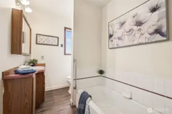 The second bathroom offers a soaking tub with grab bar, a large vanity with over-head medicine cabinet/mirror and a private toilet corner.   Currently no shower head is installed in this space and a shower surround or full round shower curtain would be needed.