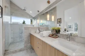 Primary Bath, Carrara marble counters, full height back splash, double vanity.