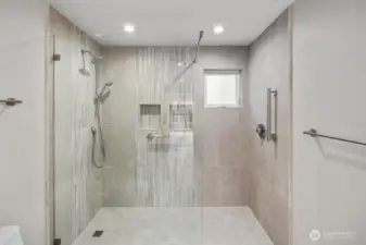 Frameless Glass Shower Tiled From Floor to Ceiling with 2 Shower Heads