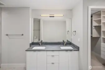 Double Vanity in Primary Bathroom with Quartz Countertops