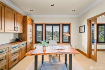 A dedicated sanctuary for focused work or creative contemplation. This light-filled office boasts a wall of bespoke cabinetry offering unparalleled storage, while the inspiring waterfront and neighborhood views provide a brilliant backdrop for a highly productive day.