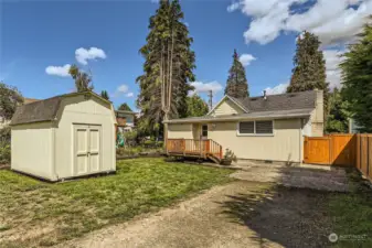 The sunny back yard has a large shed and room to plant a garden.  Enclosed fenced area to the right of the house is shared with the friendly neighbors.