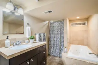 Full bath on lower level with soaking tub and separate shower.