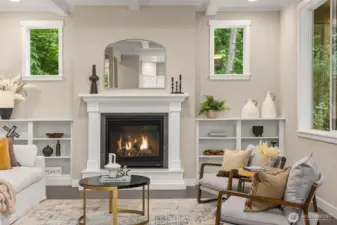 The propane fireplace anchors the room and provides warmth and ambience.
