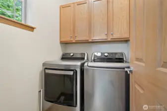 Utility room off kitchen. Washer and dryer convey with property. Additional storage cupboards.