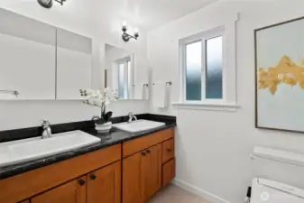 Double sinks, an oversized vanity, and mirrored cabinets - lots of storage!