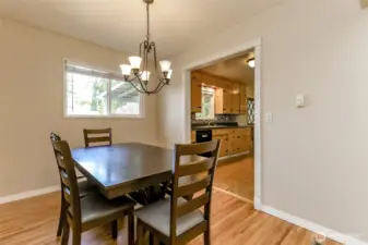 Window overlooking backyard provides natural light in spacious dining room.