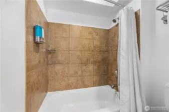 Bathroom features full-size tub and shower.