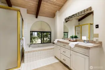 Primary full bath with sunken tub, shower and double vanity