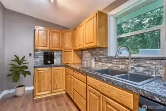Kitchen refrigerator goes where plant is.