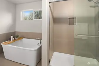 Incredible lounging tub and walk-in shower with dual shower head system.