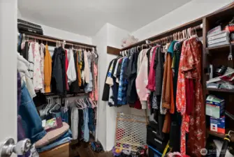 Primary Suite Large Walk In Closet w/ Easy Care Wood Laminate Floor.
