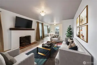 Living room, Dining area virtually staged.