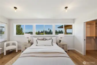 Primary bedroom with walk-in closet on the left.  There's a door that leads to the private gardens and sitting areas in the courtyard.  This home has large windows that allow lots of natural light.