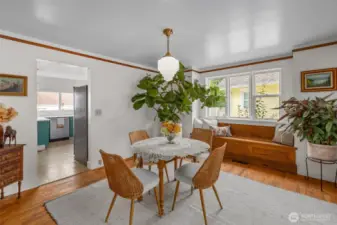 Open dining area with custom window bench seat