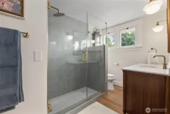 Newly renovated bathroom with high end finishes and custom tile