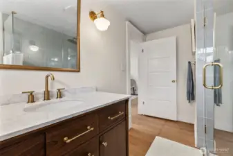 Newly renovated bathroom with high end finishes and custom tile