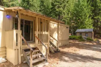 Enter through sliding glass doors or through the laundry room door.